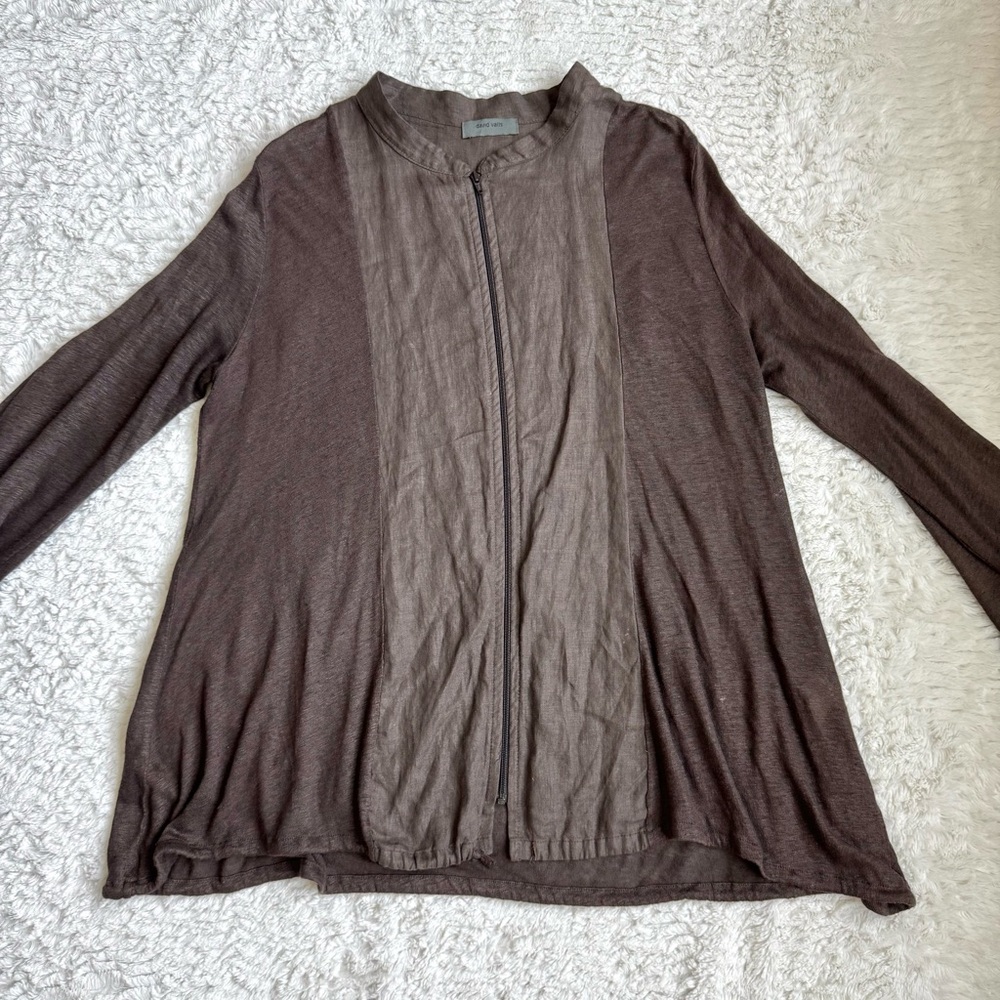 David Valls Lagenlook Linen Zip Front Shirt Cardigan Size M Brown Oversized